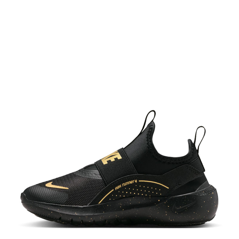 Kids' black mesh slip-on sneaker with gold swoosh detail and speckled midsole