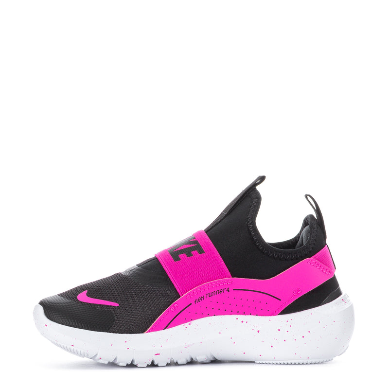 Kids running shoe in black knit with laser fuchsia panel, white speckled midsole, swoosh.