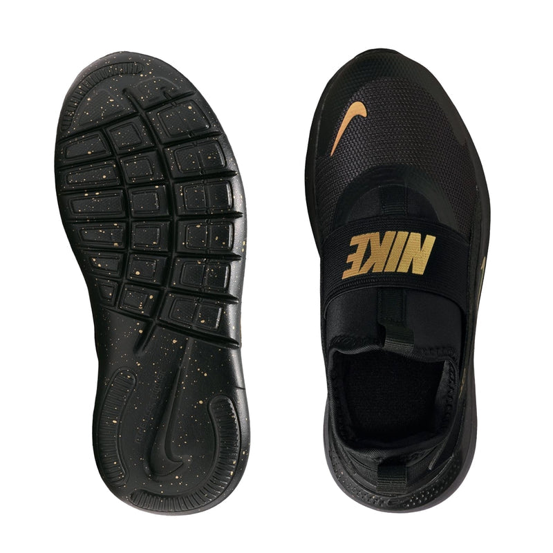 Kids' black sneaker outsole and side view with tread and gold swoosh