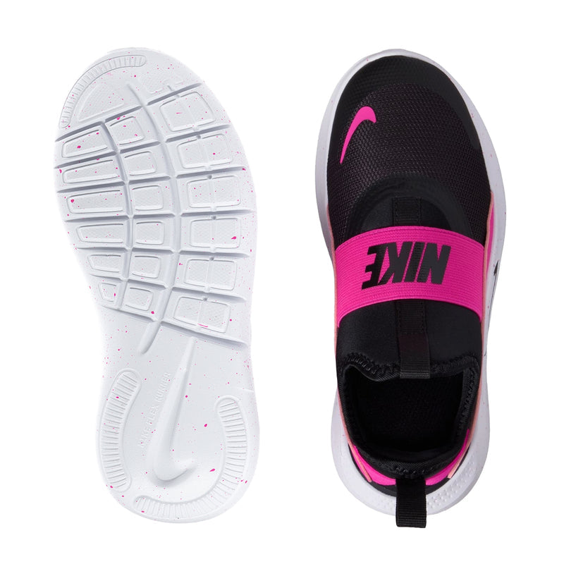 Kids shoe outsole and side view: white traction sole and black upper with pink strap.
