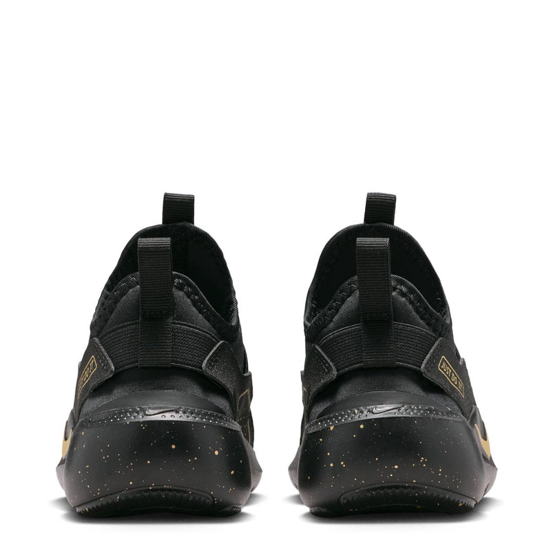 Kids' black slip-on sneakers back view with heel tab and speckled midsole