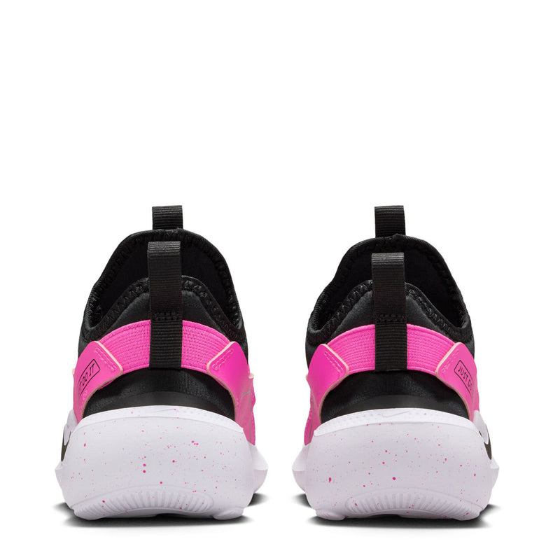 Kids running shoe heel view, pair: black uppers with laser fuchsia strap and white sole.
