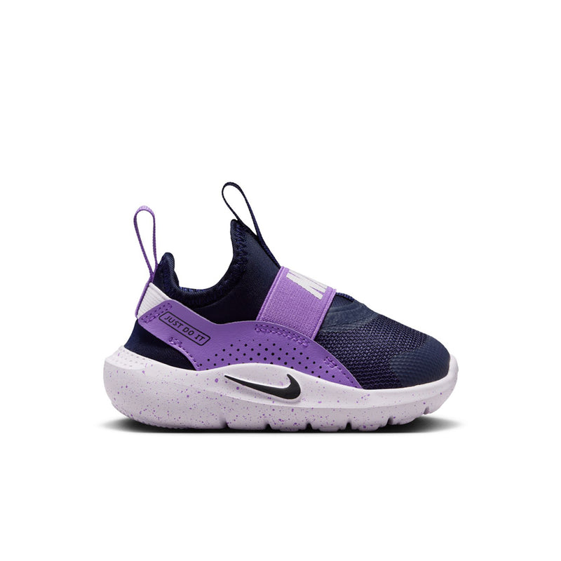 Toddler running sneaker in dark navy with purple accents and a white speckled sole
