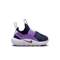 Toddler running sneaker in dark navy with purple accents and a white speckled sole