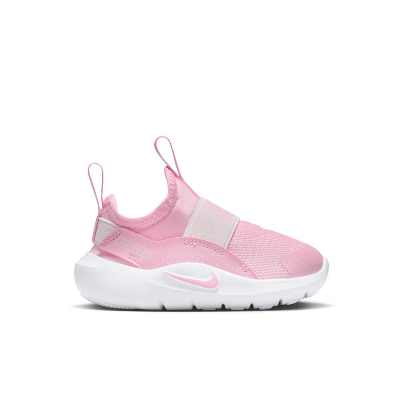 Toddler pink slip-on running sneaker with lace pull and white sole