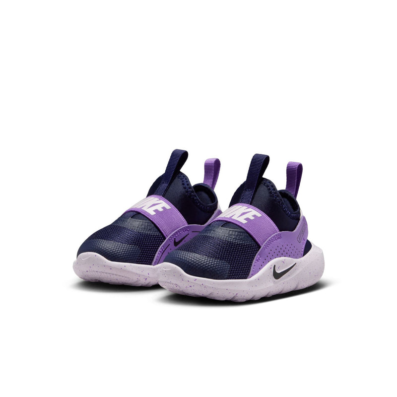 Toddler slip-on running sneaker with dual straps, dark navy upper and purple heel tab