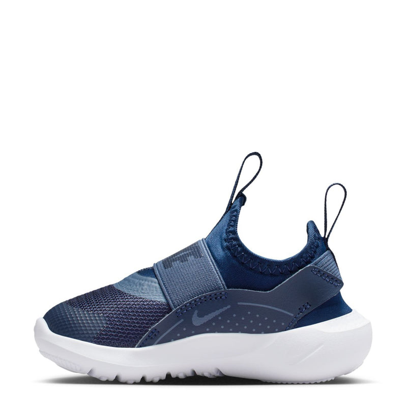 Toddler slip-on runner shoes, dark blue upper with hook-and-loop strap and white outsole