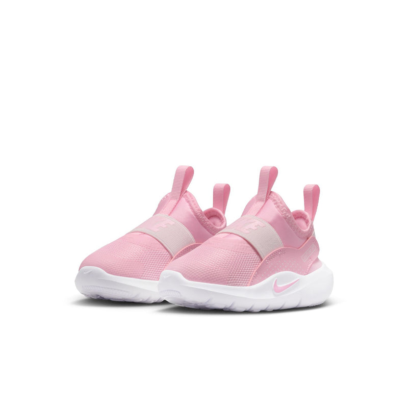 Toddler pink slip-on running sneakers, side view, white sole