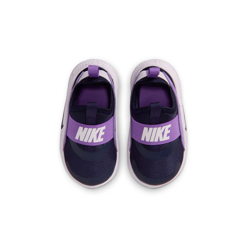 Toddler running shoes pair, dark navy uppers with purple NIKE heel strap and light sole