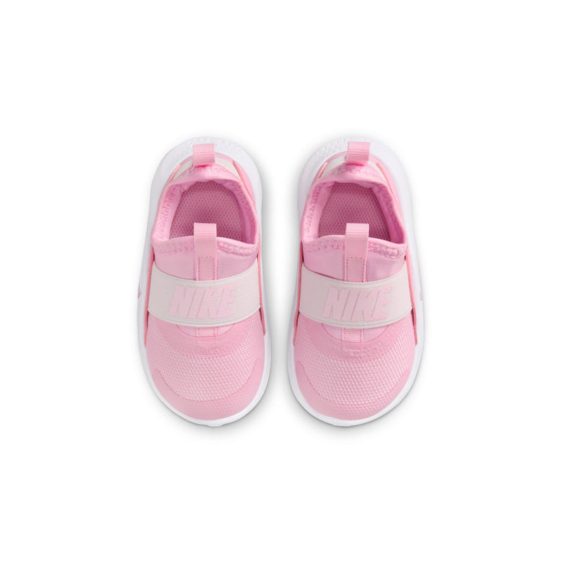 Toddler pink slip-on sneakers, top view of collar and lace pull