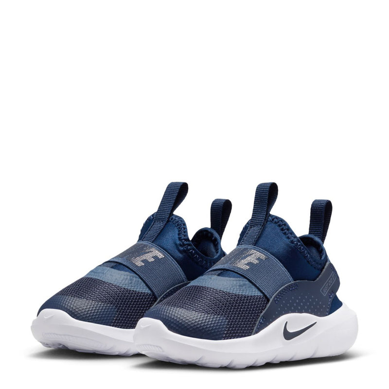 Pair of toddler dark blue slip-on sneakers with white midsoles and Nike swoosh