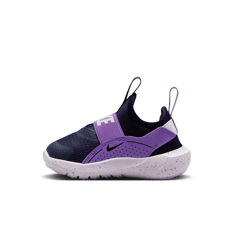 Toddler running sneaker side view, dark navy mesh with purple midfoot panel and white sole