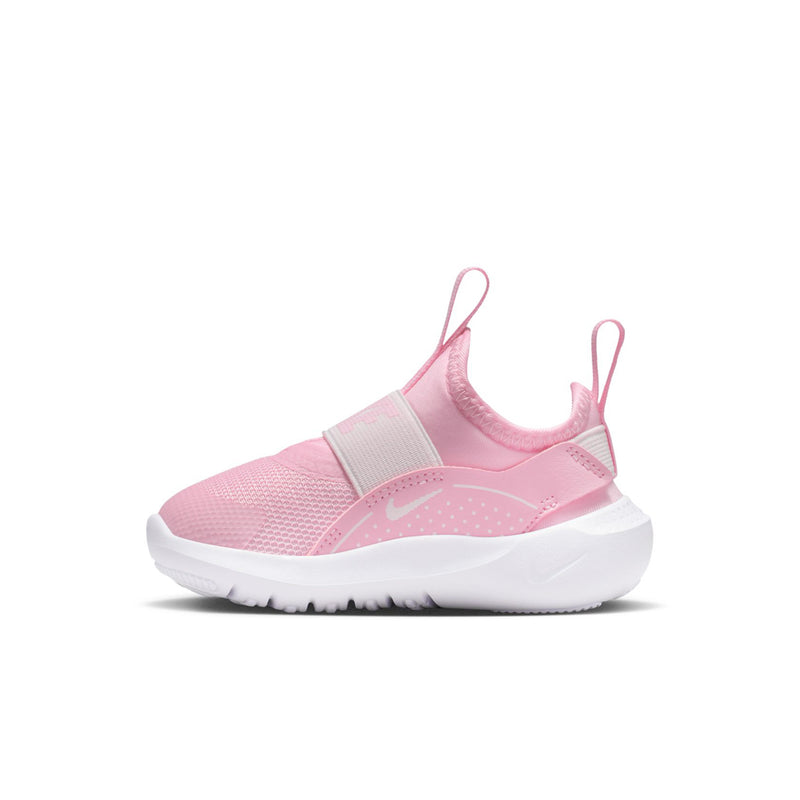 Toddler pink knit slip-on running sneaker with white midsole and lace pull
