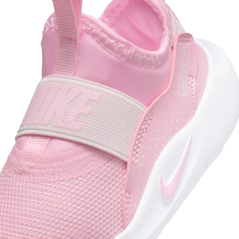Toddler pink knit sneaker detail with Nike swoosh and strap