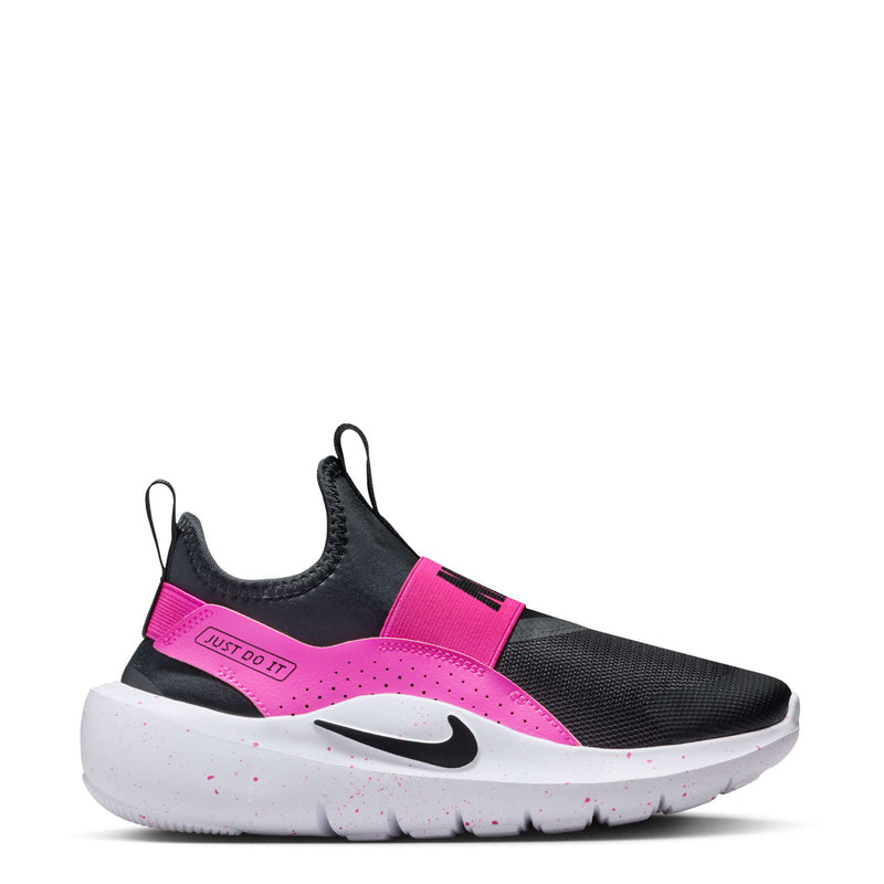 Youth slip-on running shoe in black with laser fuchsia and white accents, cushioned sole