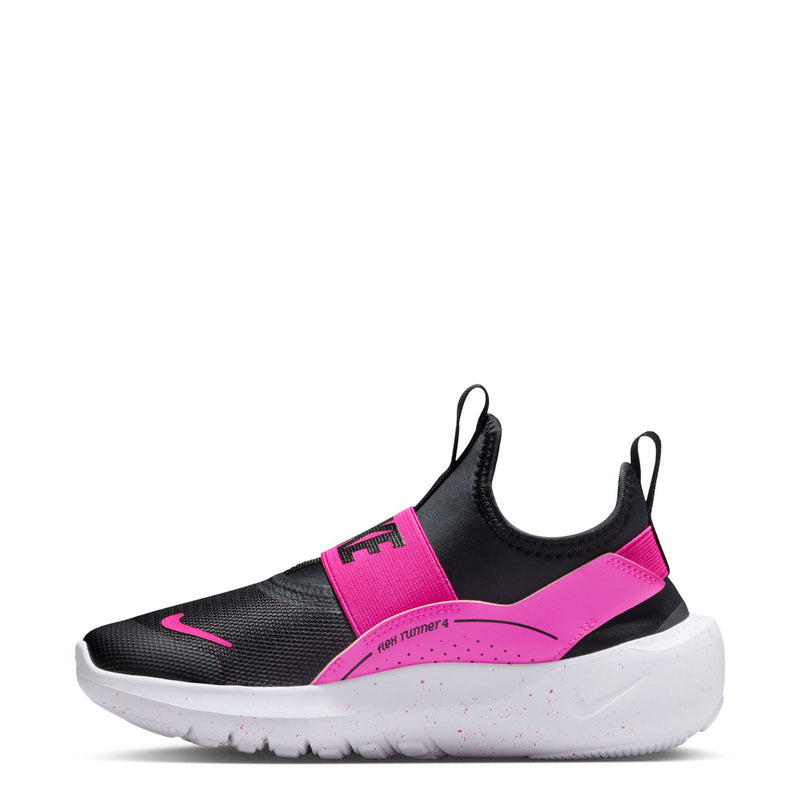Youth slip-on runner shoe, black knit upper with pink panel and white rubber sole