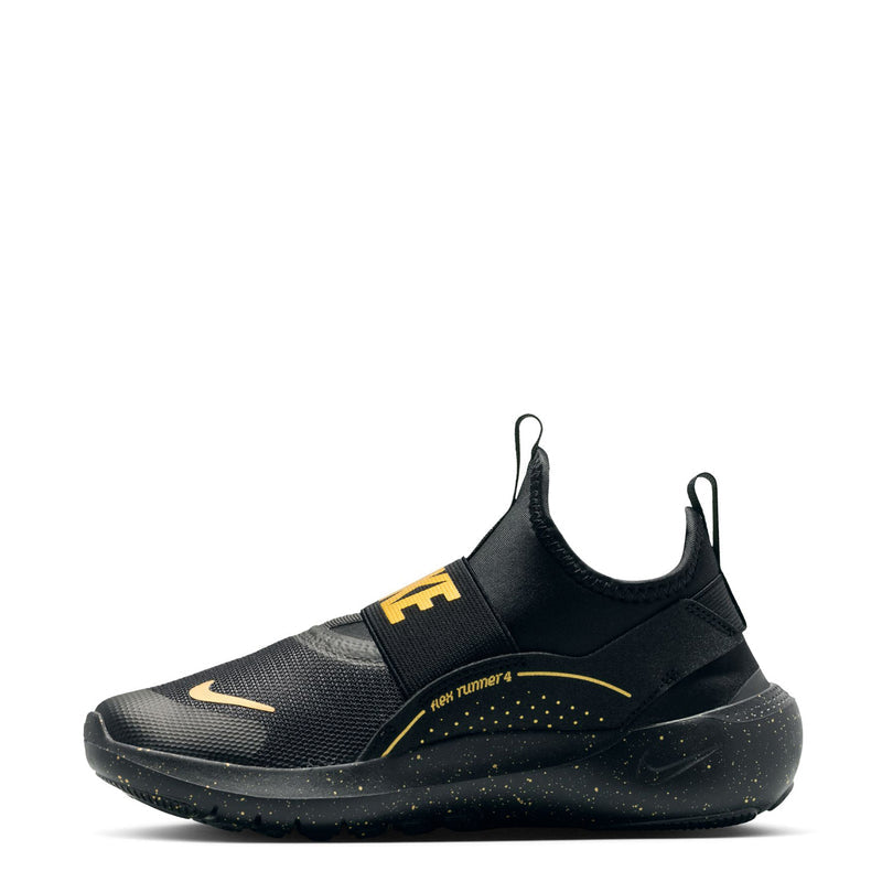Youth black and gold running shoe side view with elastic collar and Swoosh