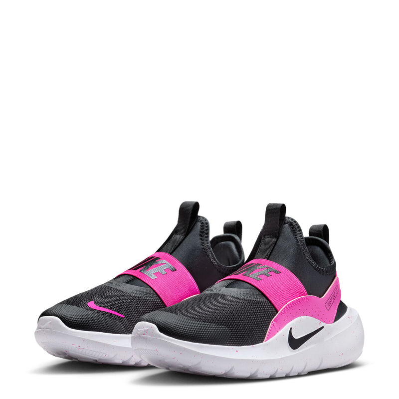 Youth slip-on athletic shoe set, black upper with bright pink straps and white outsole