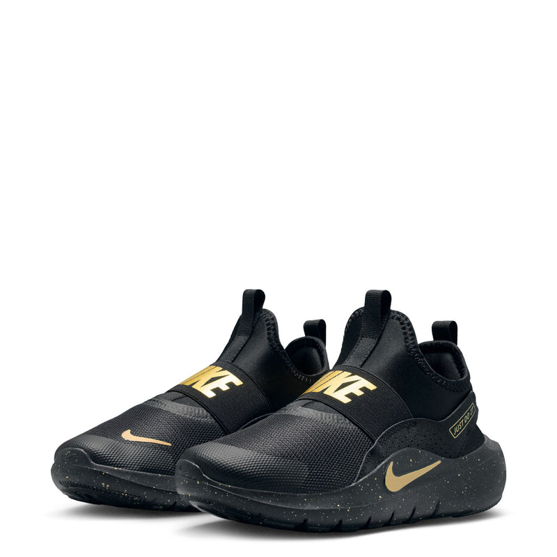 Youth black running shoes, pair view with gold logo on the sides and Swoosh