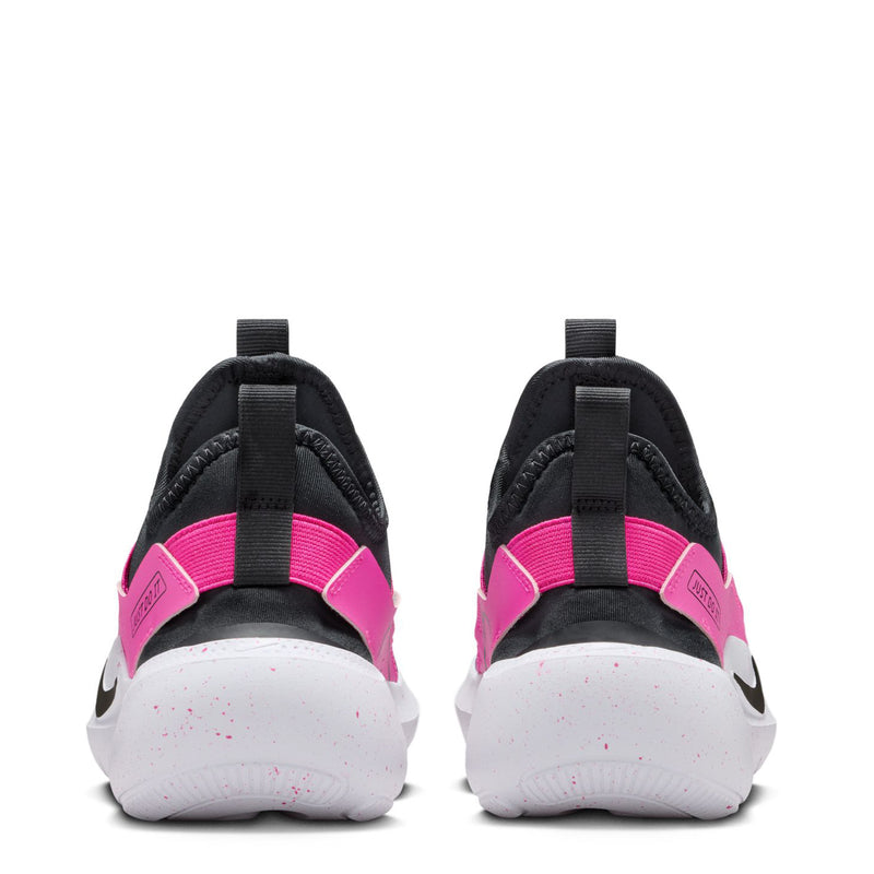 Youth running shoe back view, black knit with pink heel strap and white midsole