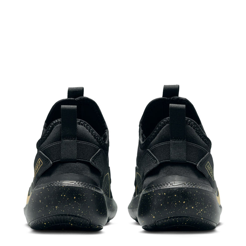 Youth black running shoe heel view with pull tab and gold-trim details