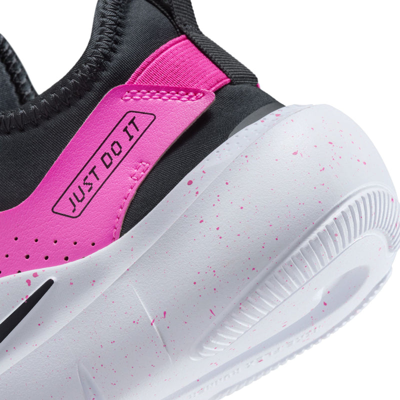 Youth shoe heel close-up with pink strap and logo, black upper and white outsole
