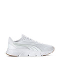 White knit running shoes for women with gray logo and gum rubber sole