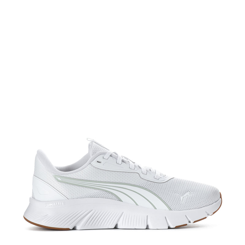 White knit running shoes for women with gray logo and gum rubber sole