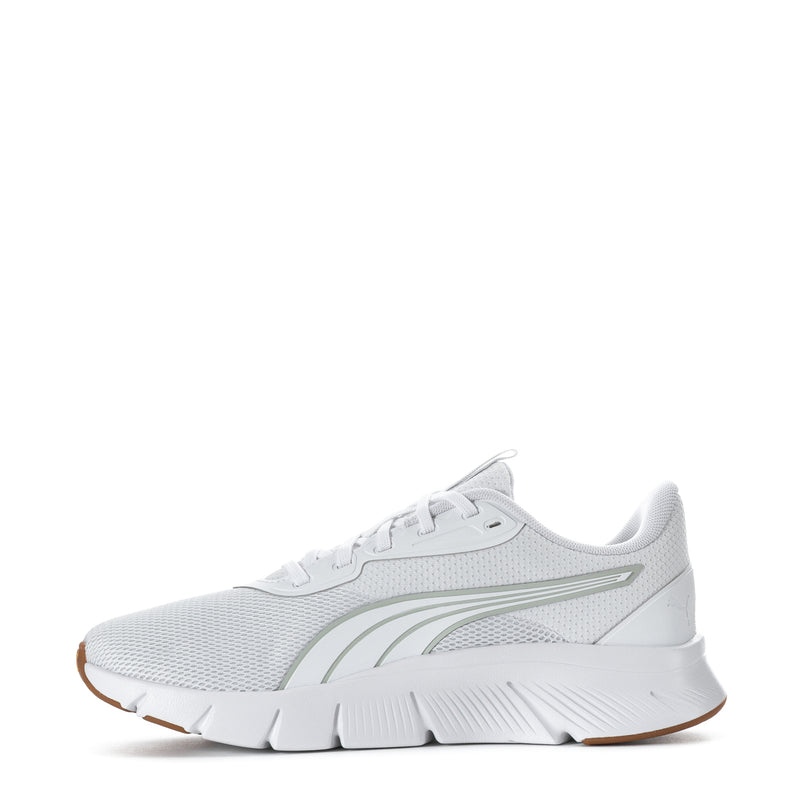 White knit running shoes for women, side view with gum outsole and logo stripe