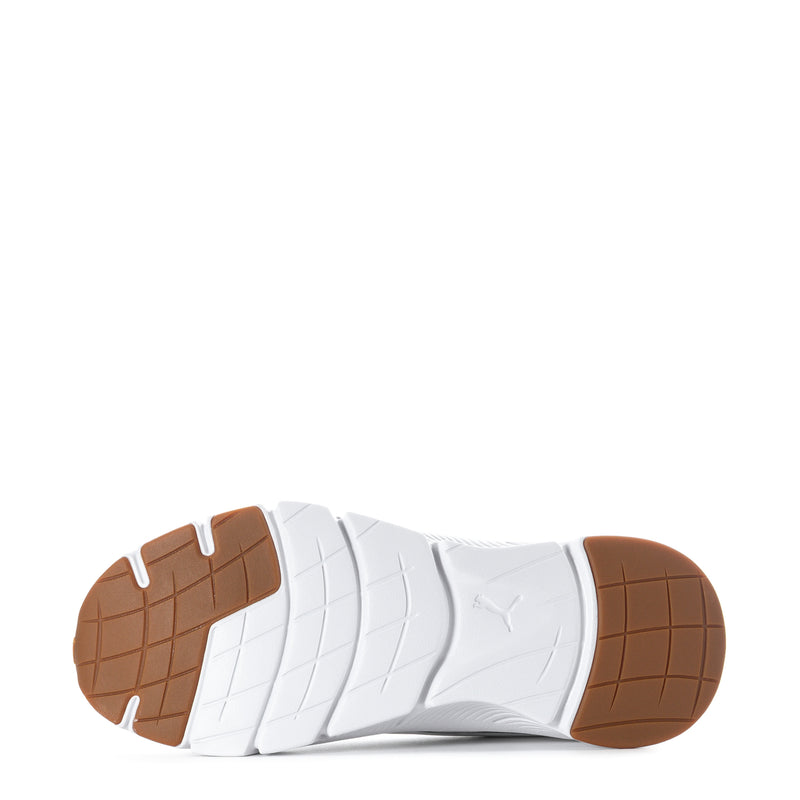 White running shoe sole for women with brown tread and ribbed midsole