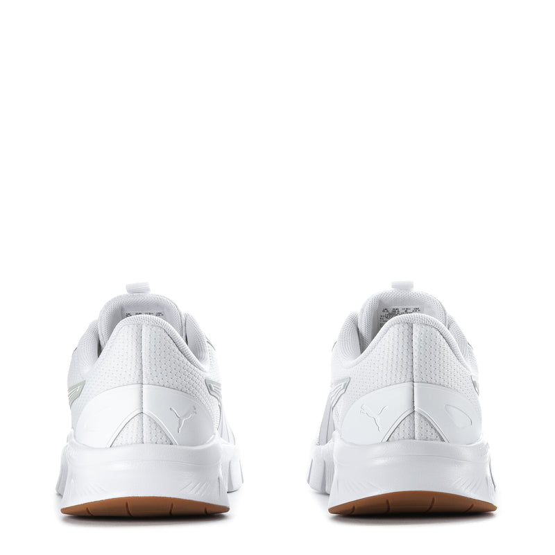 White knit running shoes for women, heel view with gum rubber sole