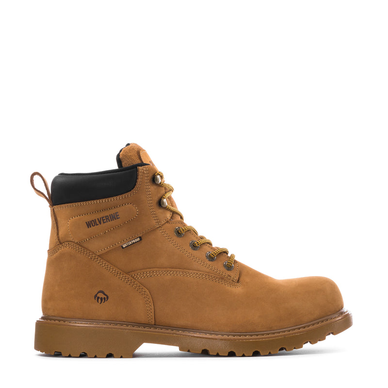 Wheat leather lace-up work boot with black collar, Wolverine logo, padded tongue