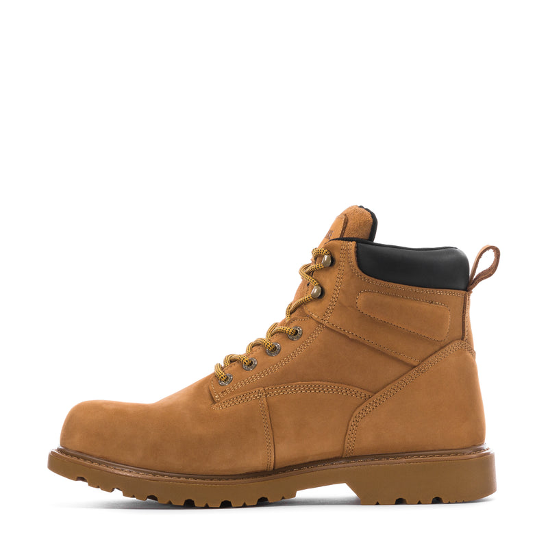 Wheat lace-up work boot with black ankle panel and side pull loop