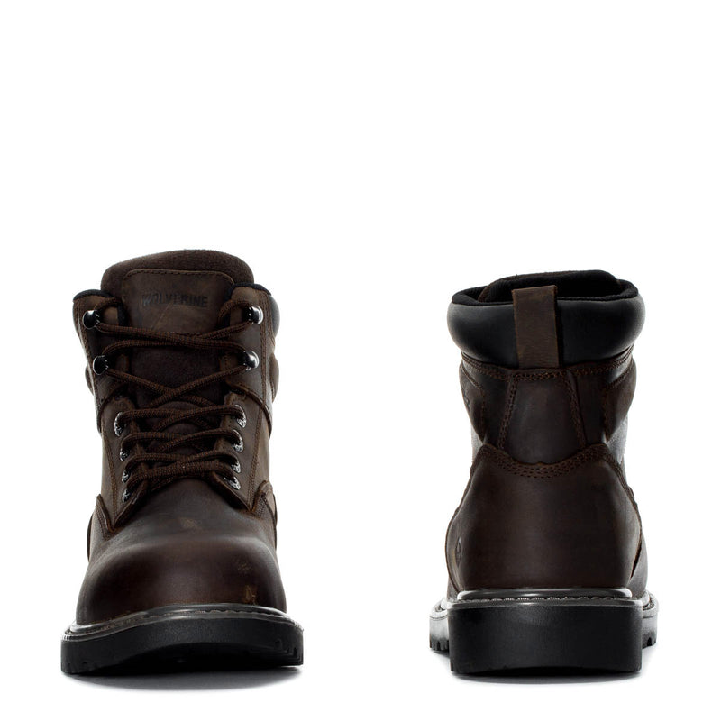 Men's dark brown steel-toe work boots, front and heel view with lace-up design