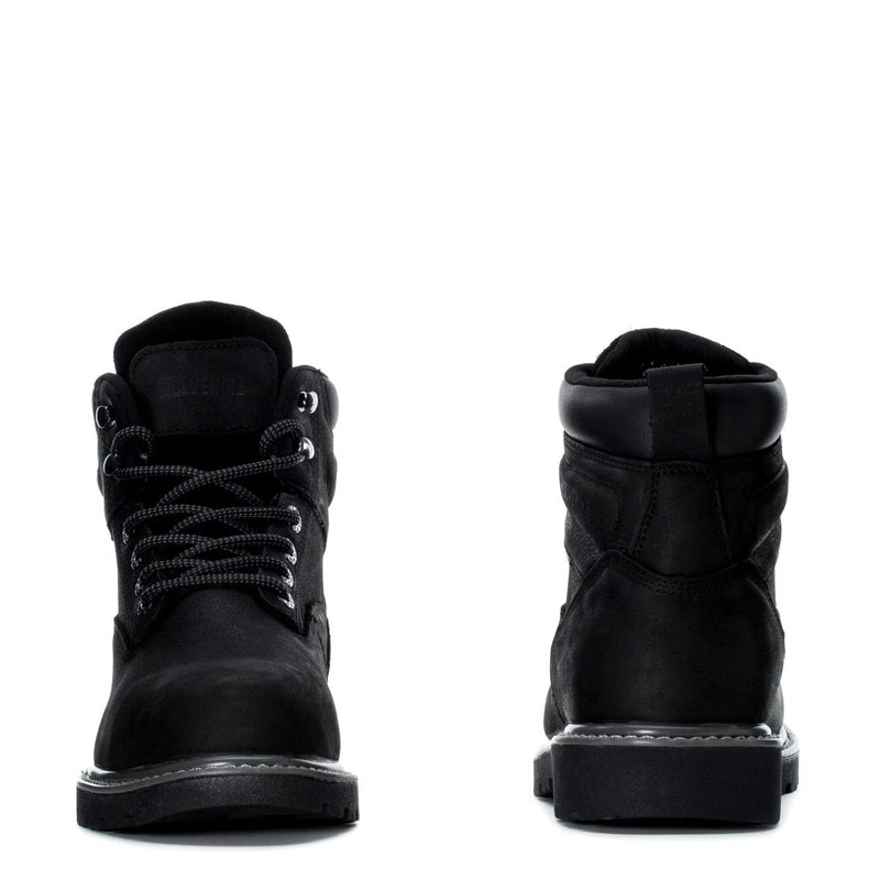 Men's black 6-inch steel-toe work boot, heel and rear view with pull tab