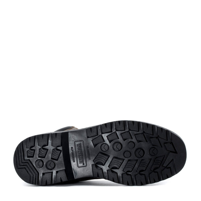 Steel-toe work boot outsole, black rugged tread pattern for traction