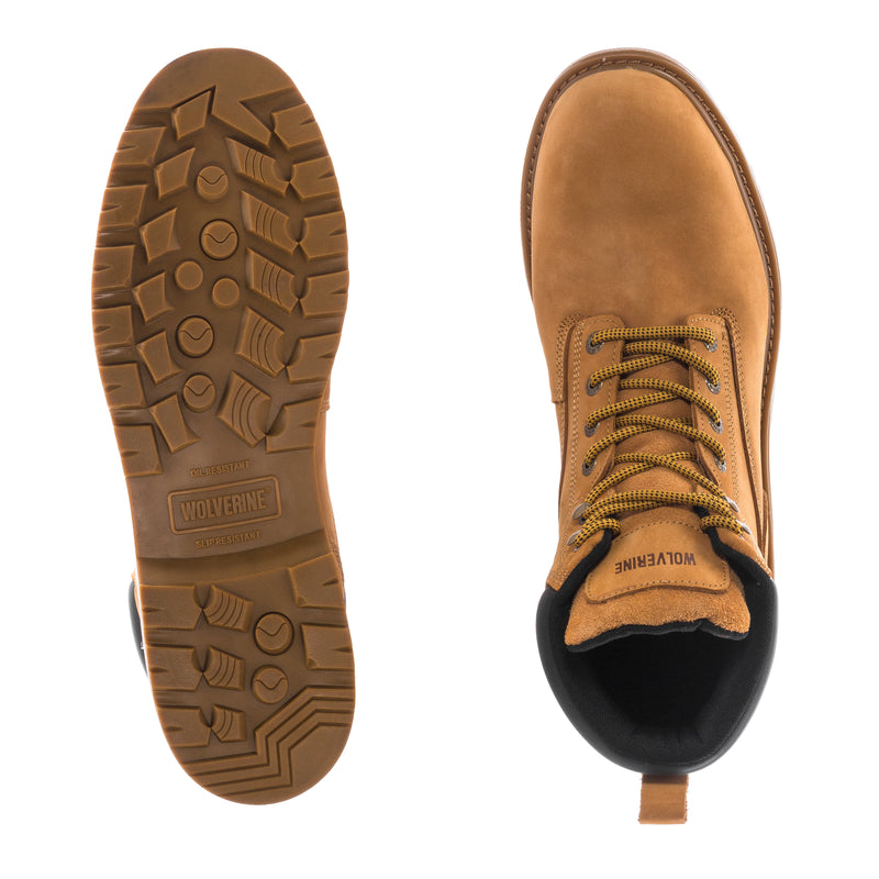 Wheat rubber outsole and boot opening, Wolverine logo on sole