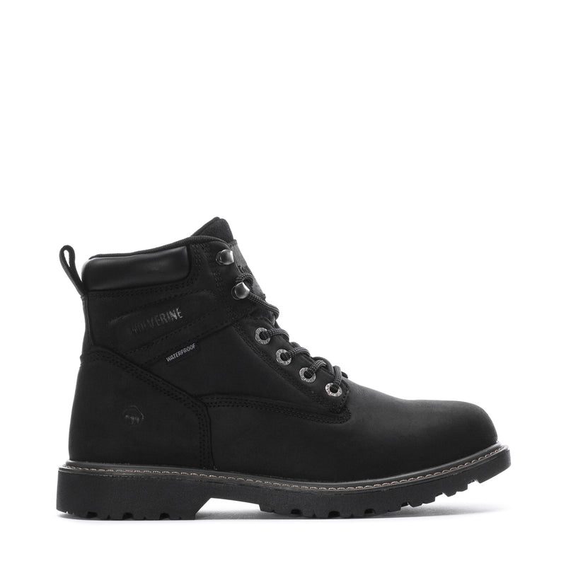 Men's waterproof 6-inch black work boot with lace-up and padded collar