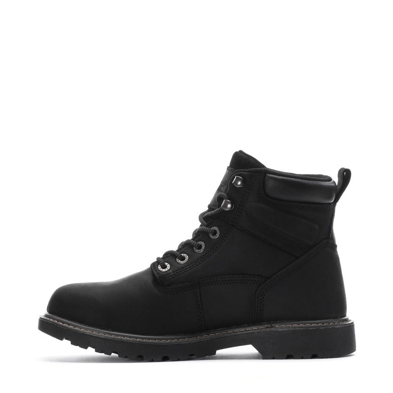 Men's waterproof 6-inch black boot side profile with lace-up and eyelets
