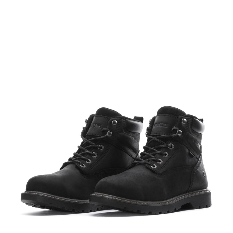 Pair of men's waterproof 6-inch black lace-up work boots with textured rubber sole