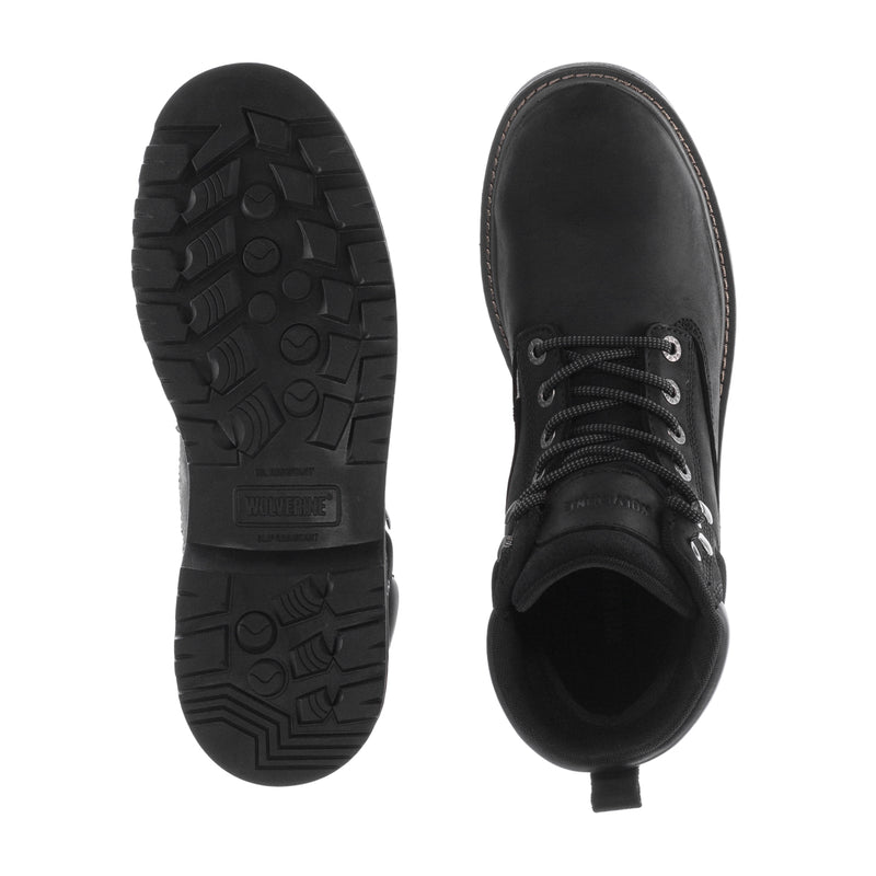 Men's waterproof 6-inch black boot outsole tread and open-top interior view