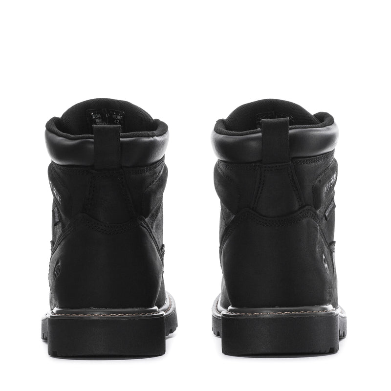 Men's waterproof 6-inch black work boot heel view with back pull tab