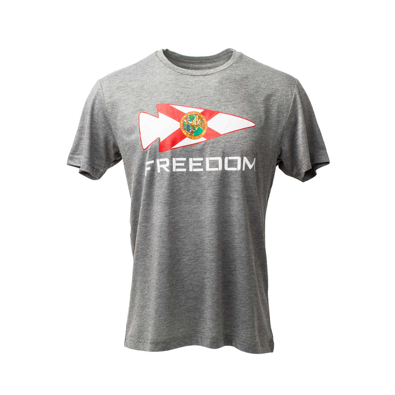The Florida Freedom Tee - Tri-BlendX features "FREEDOM" and a bold GORUCK Florida Flag graphic on the chest, crafted from soft Tri-BlendX fabric for all-day comfort.