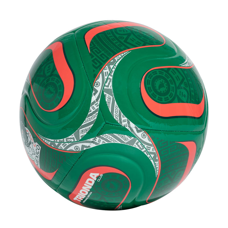 Green soccer ball with red-and-white swirl graphics and Mexico badge, stitched panel view