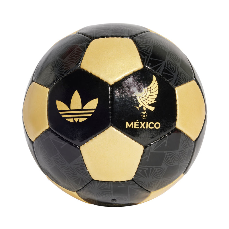 Black and gold Mexico soccer ball with trefoil logo and stitched panels