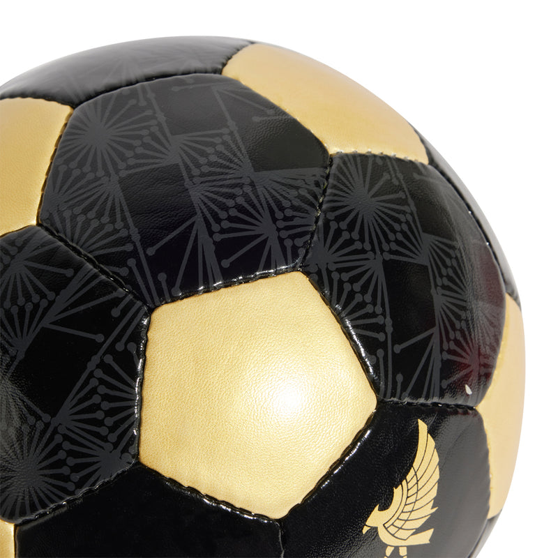 Close-up of black and gold soccer ball with winged Mexico emblem detail