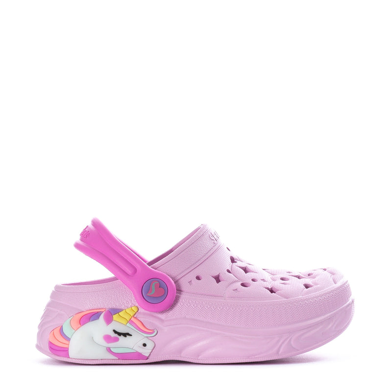 Pink toddler slip-on clogs with unicorn graphic and rainbow charm on strap