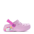Pink toddler slip-on clogs with unicorn graphic and rainbow charm on strap