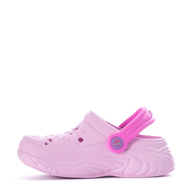 Pink toddler slip-on clogs with bright pink strap and molded comfort sole