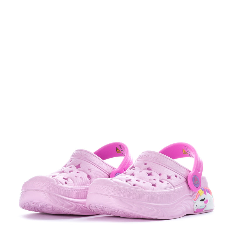 Pair of pink toddler slip-on clogs with unicorn details and star-pattern perforations